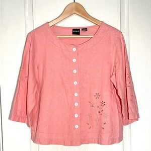 Erika Vintage Pink Linen Blend Eyelet Embroidered Top Sz S Feminine Cottagecore